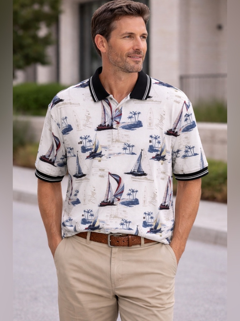 NWT American Summer Sport Polo Shirt Men Allover Sail Boats Palm Trees Print XXL